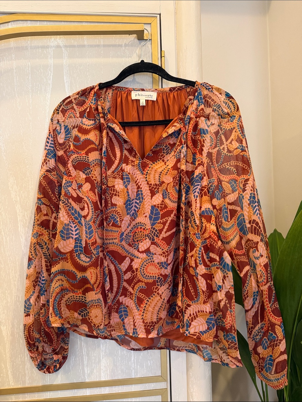Philosophy Rust Multi-Color Printed Peasant Blouse